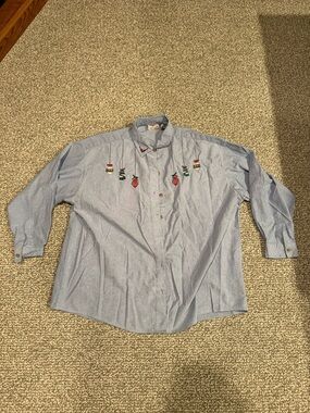 Vintage Light Blue Embroidered Button-Down Shirt for Women